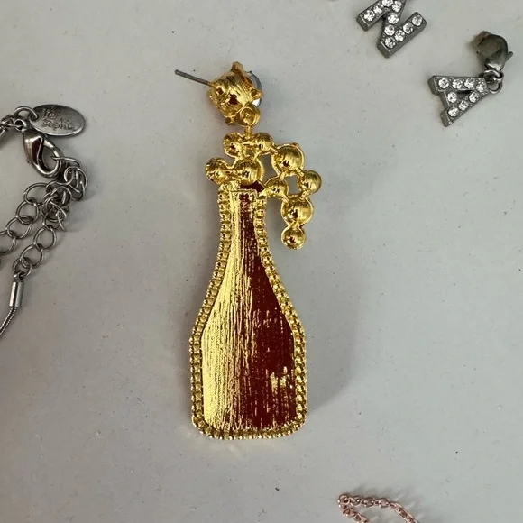 Champagne Bottle Statement Earrings Pearl Purple Crystal Rhinestone Dangles - Picture 3 of 4